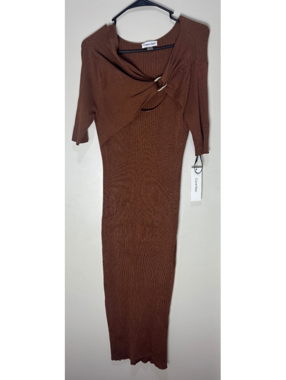 Calvin Klein Womens M Brown Ribbed Knit Midi Dress Cutout Hardware NWT